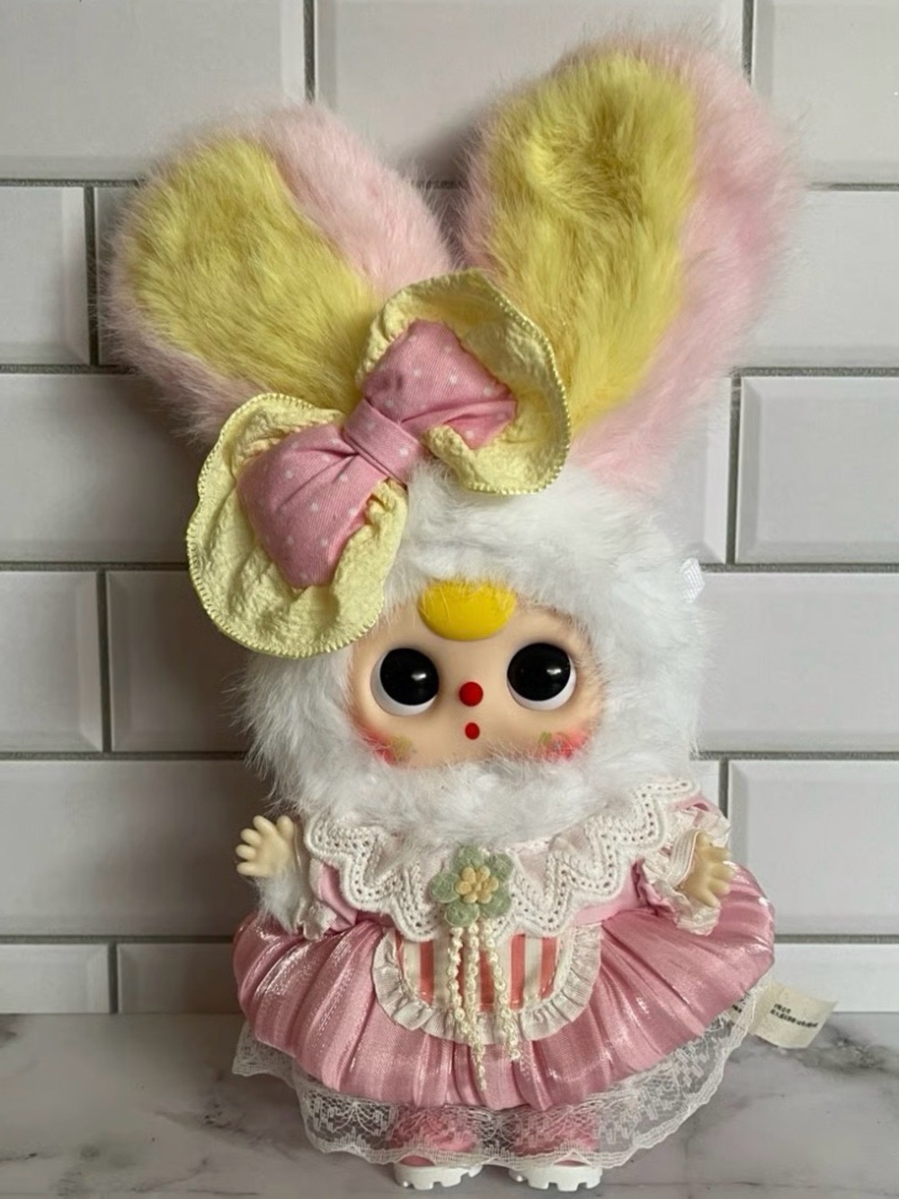 New Open Box Vintage Plush Doll with Pink Dress and Yellow Bow